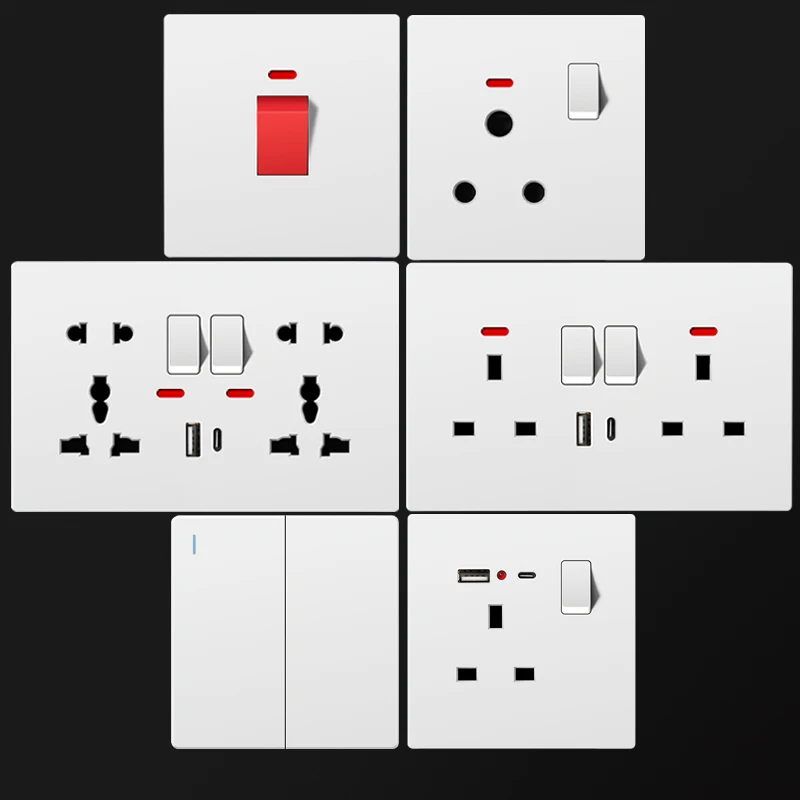 White Universal3-pin Wall Electrical Socket，UK Standard Power Socket 13A Dual USB Plug Type-C Wall Outlet,1/2/3gang 2way Switch