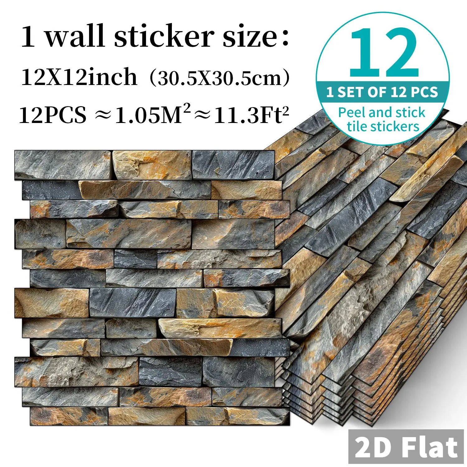 

12pieces Imitation Stone Brick Patterned PVC Wall Stickers for Kitchen and Living Room Peel and Stick, Self-Adhesive Waterproof