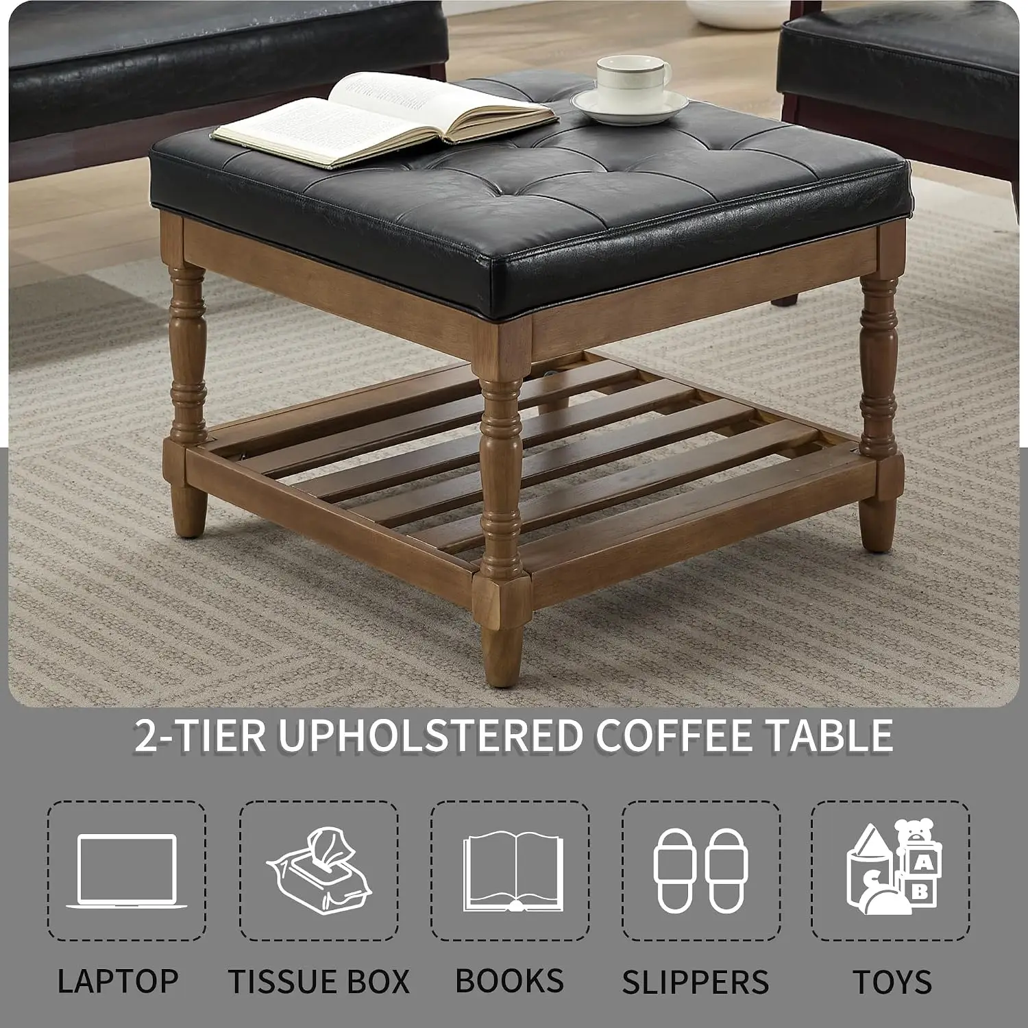Square Leather Storage Ottoman Set of 2, Solid Wood Frame & Roman Legs, Foot Rest Coffee Table for Living Room, Customized