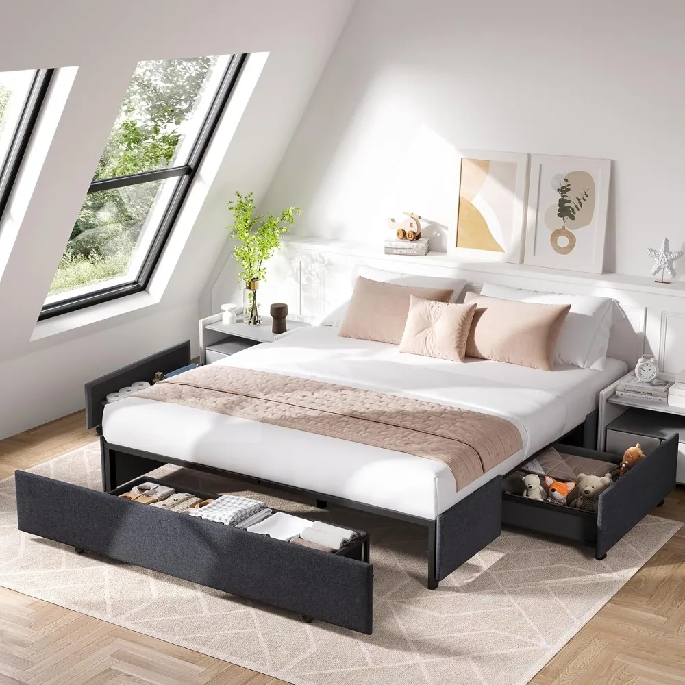 

Full Sized Platform Bed Frame with 3 Storage Drawers, Fabric Dust-proof Sliding Drawers, No Fixed Headboard