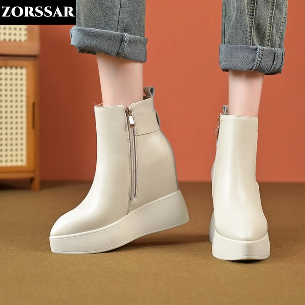 

Cow Leather Round Toe Zipper Wedges Ankle Boots Ladies Winter Plush Snow Boots Wedge Shoes Height Increasing Casual Pumps Shoes