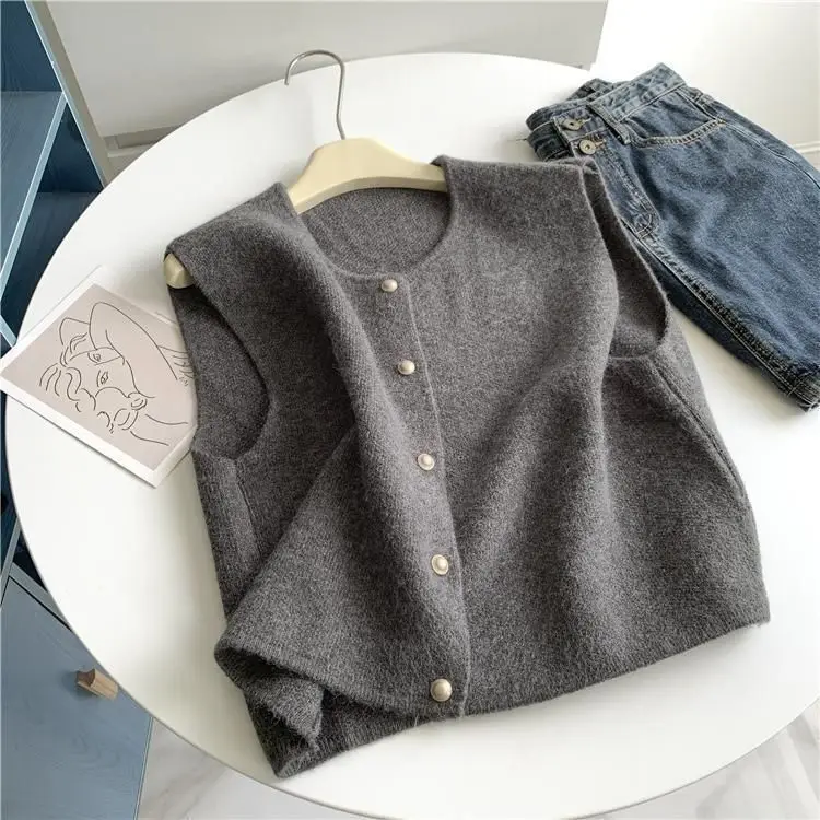 Spring Autumn Women\'s Solid Button V-Neck Sleeveless Sweater Knitted Cardigan Vest  Casual Fashion Office Lady Elegant Tops