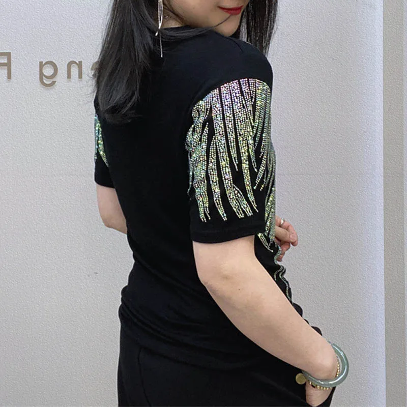 Elastic T-shirt for Women Casual Black White Color Basic Tops Shiny Diamonds Luxury Tees Good Quality Summer Fashion SY2577