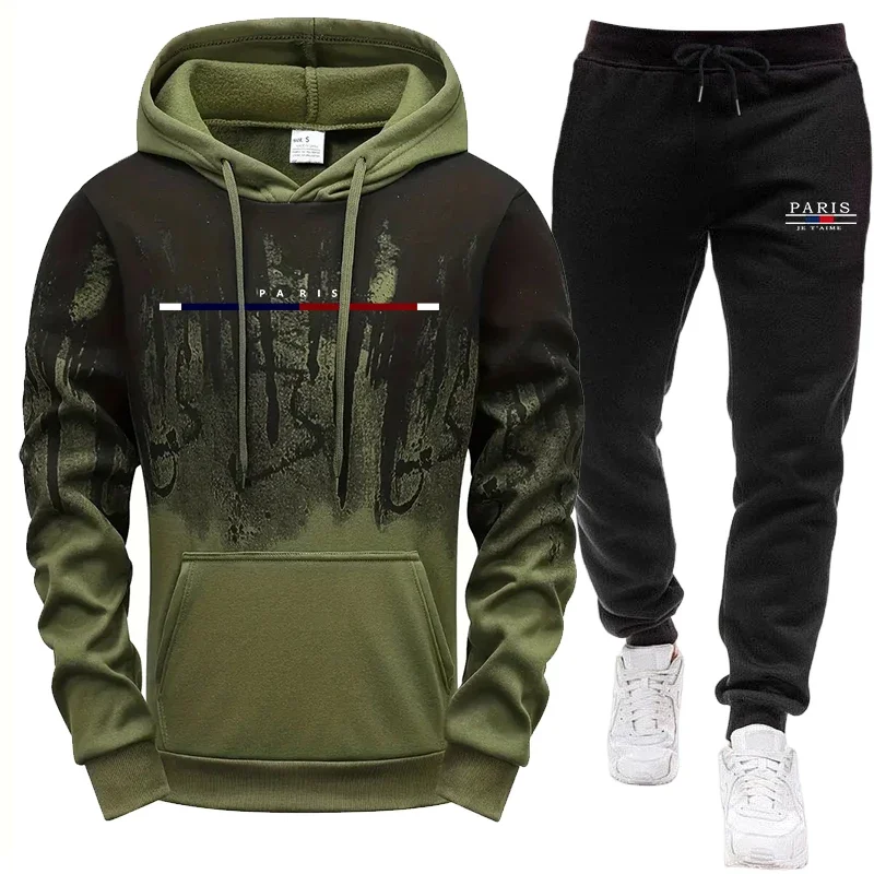 Men's Set/Hoodie/Pants Autumn Winter Hooded Sweatshirt and Sweatpants Outdoor Sports Jogger Suit Paris Casual Fashion Sportswear view 2