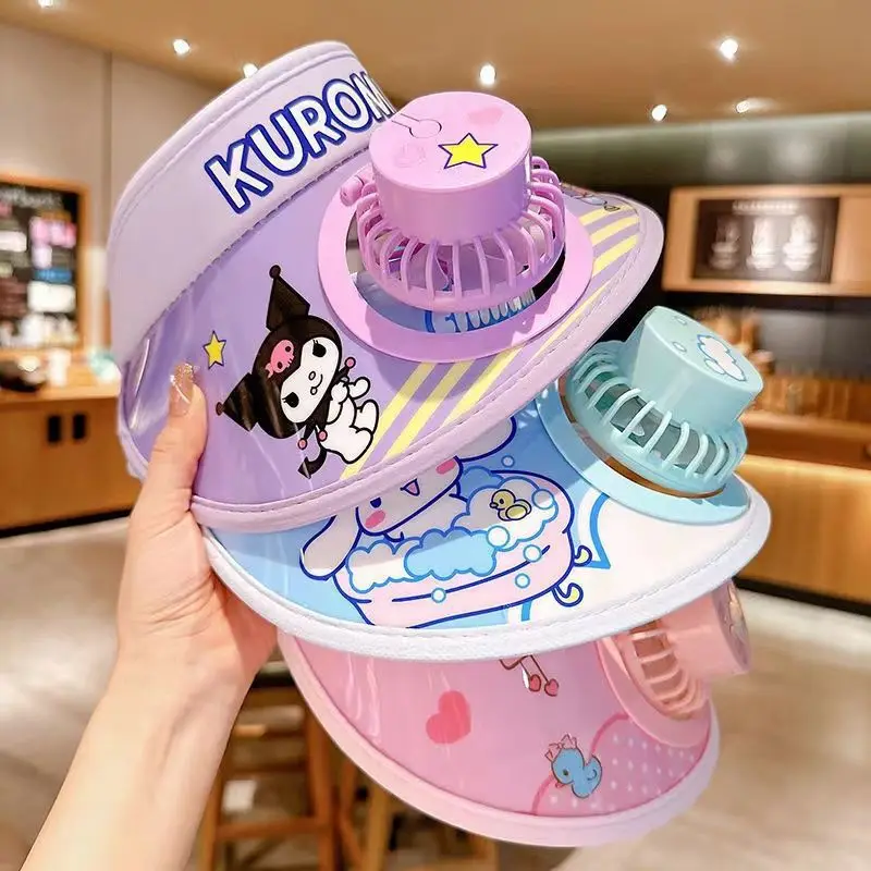 

Sanrio Hello Kitty Kuromi Kids Sun Hat Cooling Fan Summer Breathable Uv Protection Cap Cinnamoroll Outdoor Play Wide Brim Visor