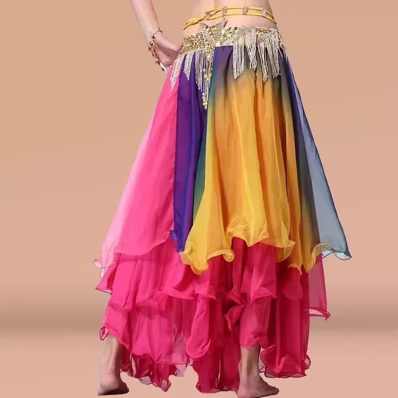 Buikdansrok Simulatie Zijde Kleurverloop Drielaagse rok Dames Dansvoorstelling Oefenkleding Grote schommelrok