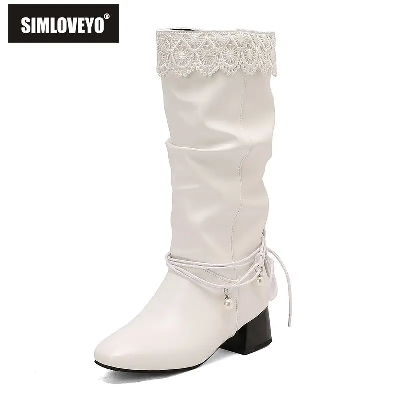 

SIMLOVEYO2025 Новые женские сапоги до середины икры с квадратным носком 4,5 см, толстая подошва, слипоны на шнуровке, большой размер 46 47 48, осень на каждый день