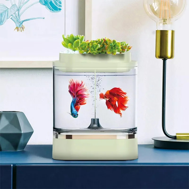 xiaomiyoupin  Mini Lazy Fish Tank USB Charging Self-cleaning Aquarium with 7 Colors LED Light Home office Aquarium creative