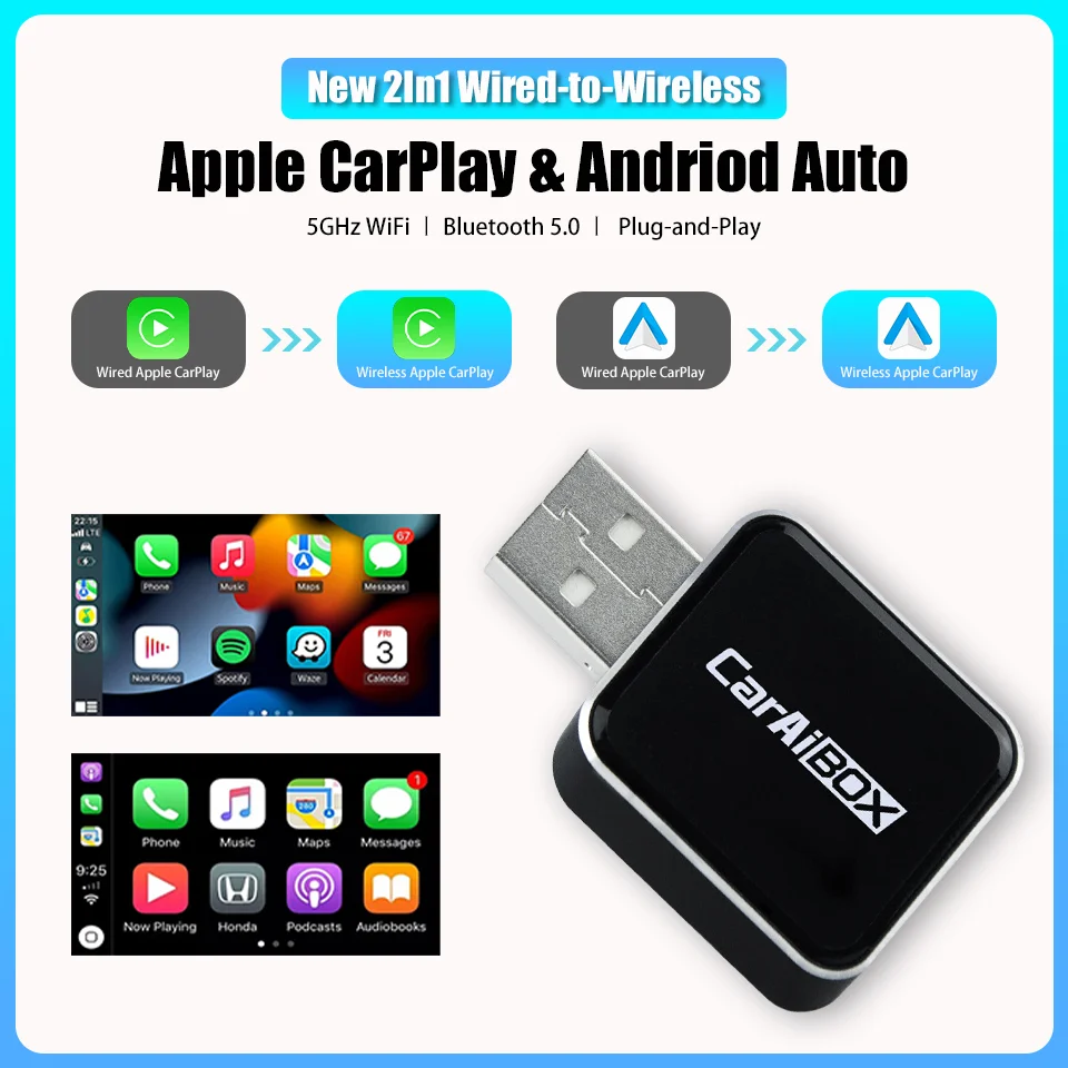 

2025 New CarPlay ai Box Wired to Wireless Apple CarPlay & Andriod Auto 2In1 Smart Car Navigation Box 5GHz WiFi BT5.0 AutoConnect