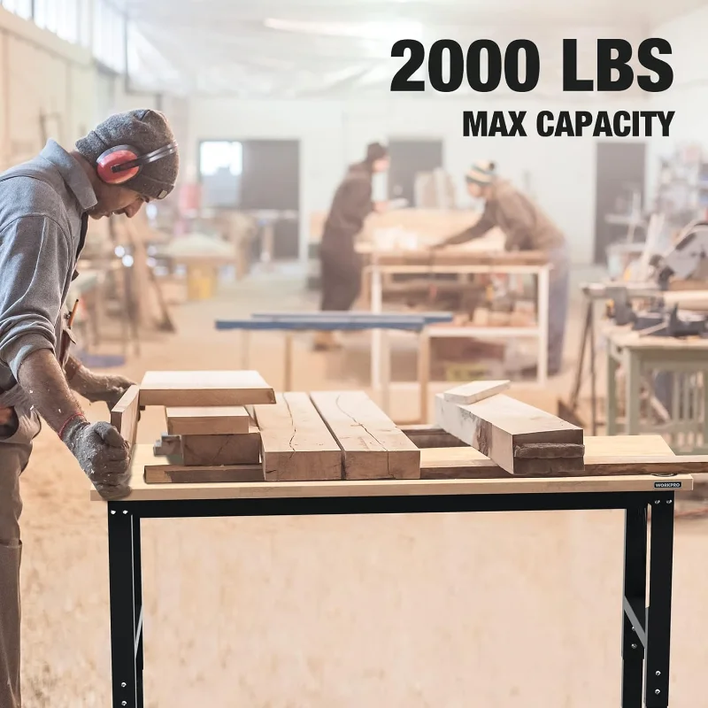 WORKPRO 60" Adjustable Workbench, Rubber Wood Top Heavy-Duty Workstation, 2000 LBS Load Capacity Hardwood Worktable