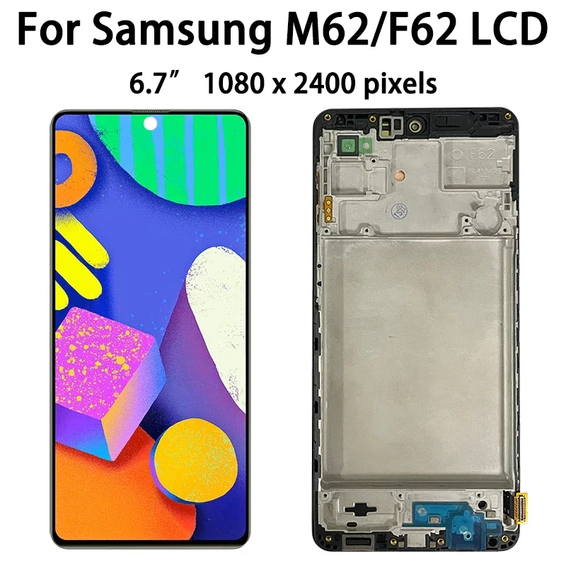 Super AMOLED For Samsung M62 / F62 LCD E625F E625F/DS M625F M625F/DS Display With Frame Touch Screen Digitizer Assembly