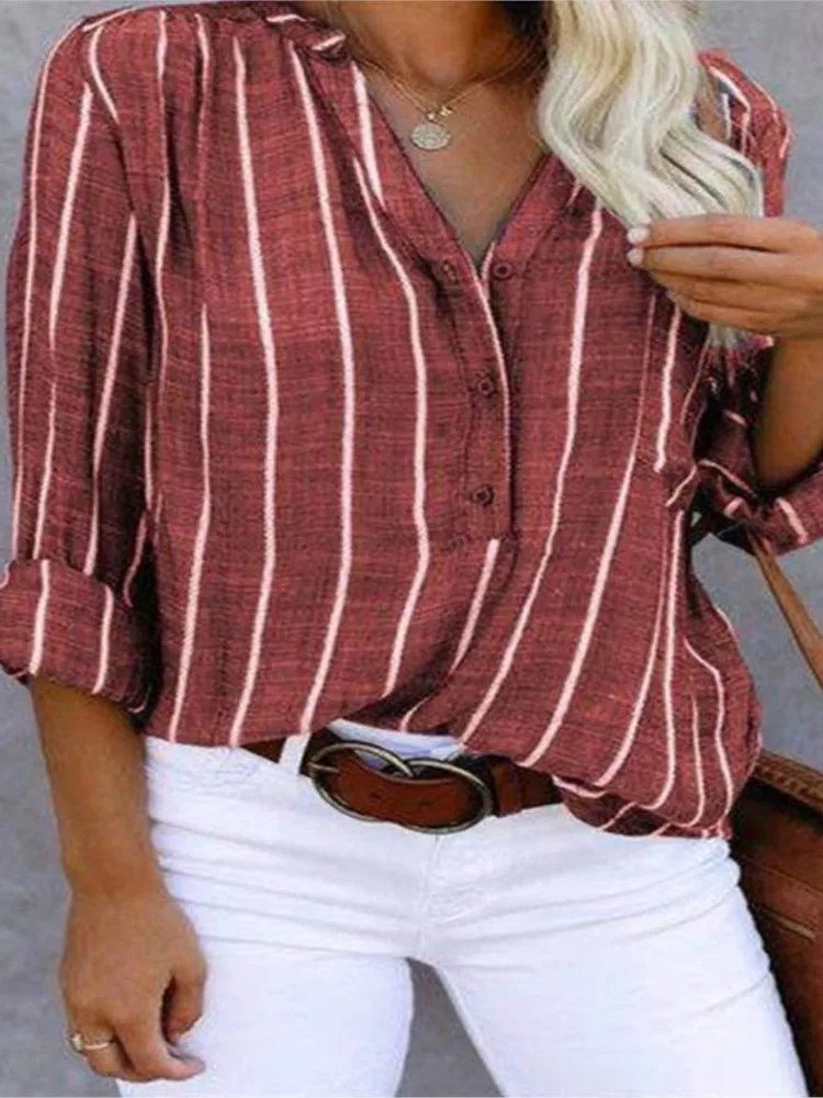 

2025 New Women's Shirt Striped Half-open V-neck Long-sleeved Loose Top For Summer Women's Fashionable Casual Button-up Shirt