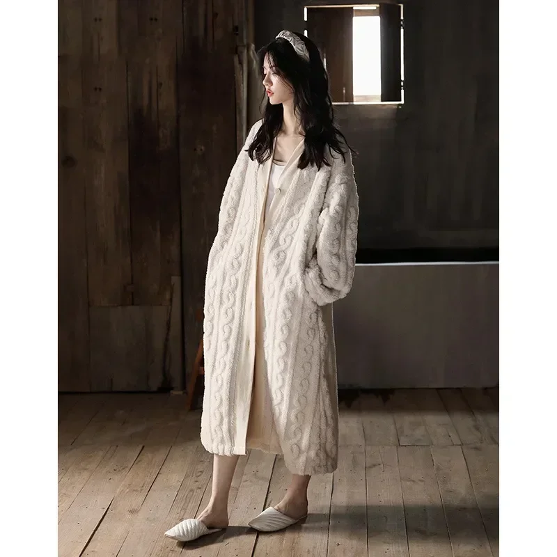 Single Winter Fleece Bathrobe Ladies Style Solid Korea Thick Long Sleeve Sleepwear For Breasted Women's Pajama Female Warm