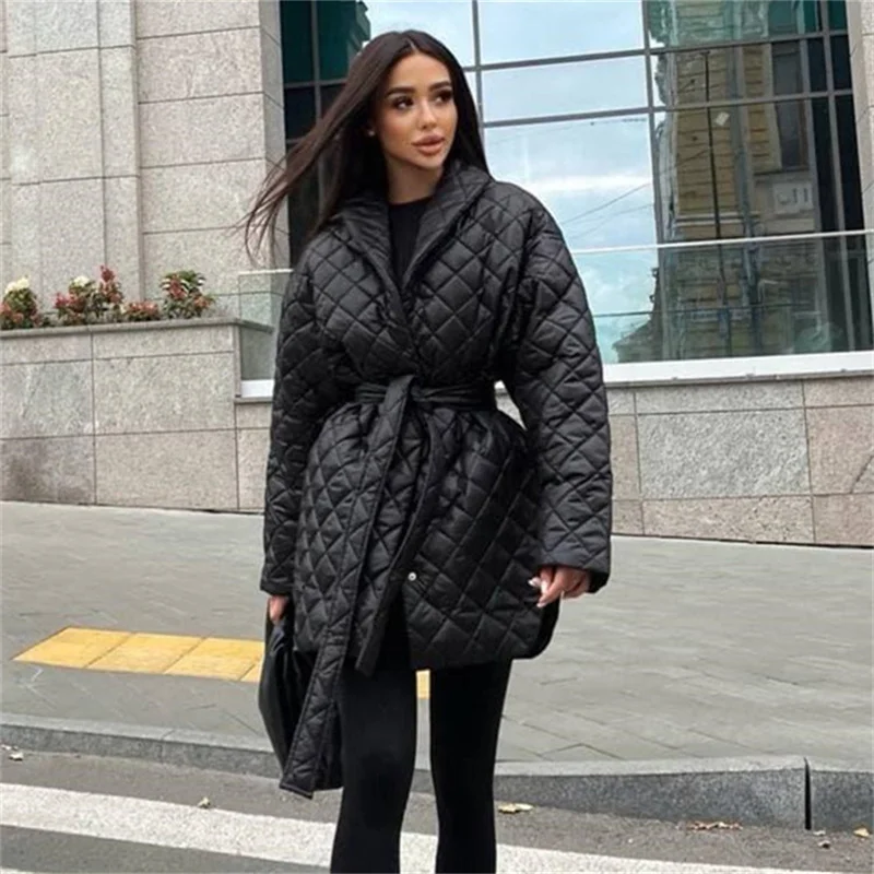 Argyle Long Cotton-padded Parkas Women Belted Thick Warm Winter Jacket Female Casual Solid Coats Female 2023 Overcoat