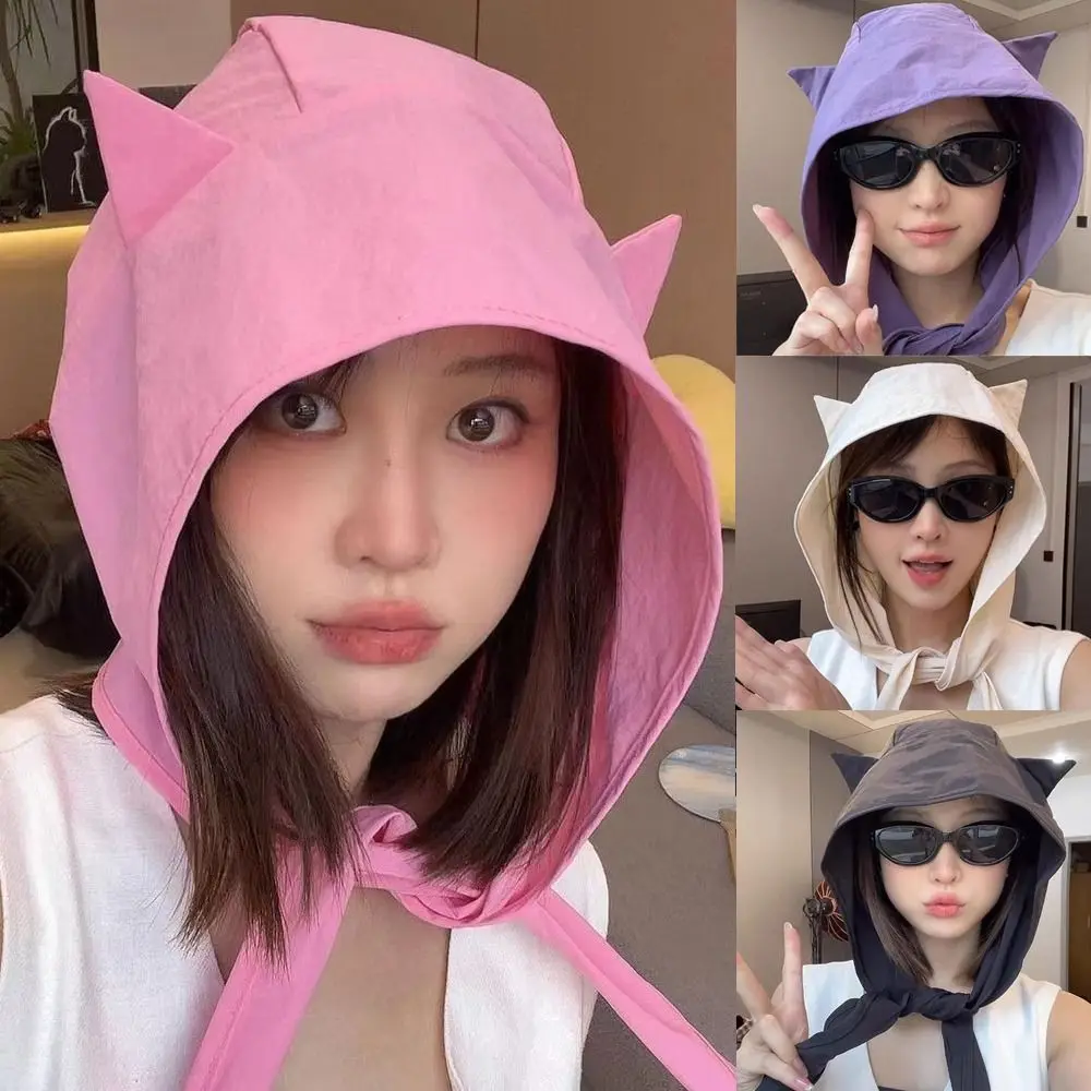 Cute Solid Color Little Devil Hat Lace-up Pullover Style Lace-up Pullover Hat Fast-drying Shawl Shape Y2K Shawl Hat For Girls