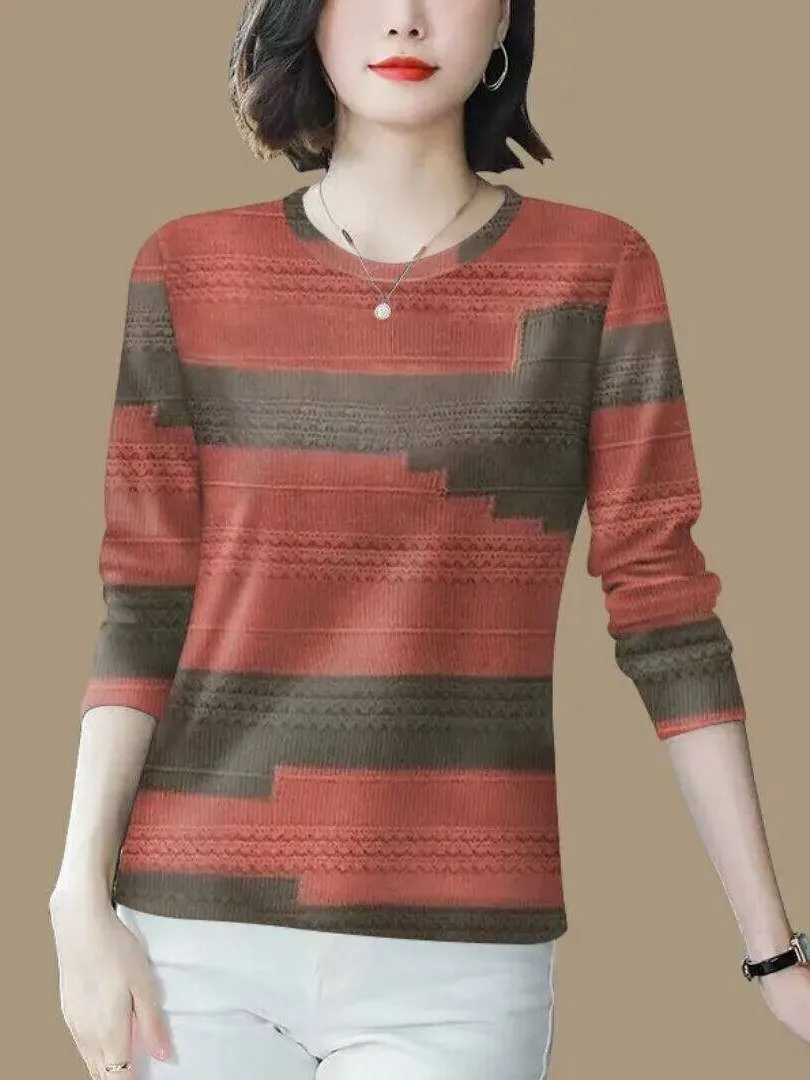 Fashionable Printed High-End Long Sleeve Women's T-shirt 2026 New Autumn Anti-Aging Belly Covering Cut Label Trendy Top