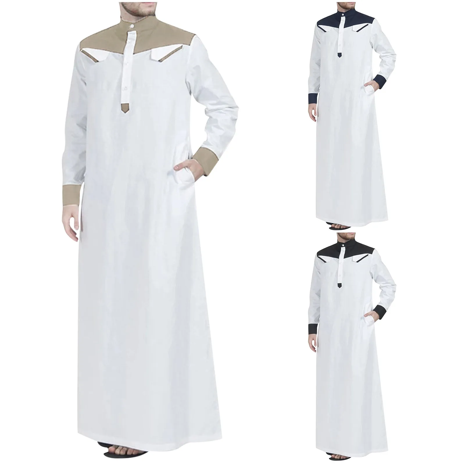 

Traditional Muslim Clothing Contrast Color Middle East Comfortable Jubba Thobe Men Robe Long Sleeves Mandarin Neck Eid Caftan