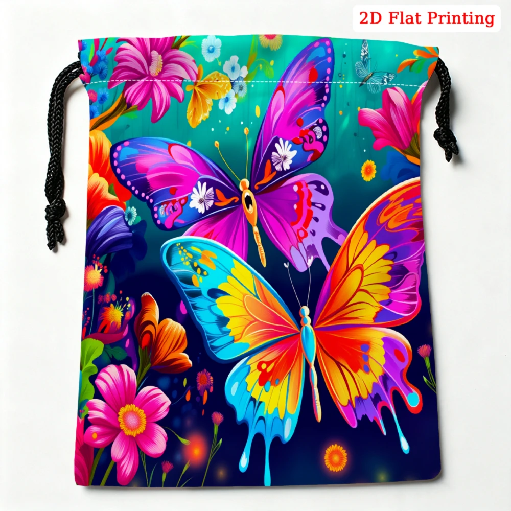 1pc Fashion Drawstring Bag Multicolor Butterfly Flower Print Storage Small Pouch For Travel Cosmetics Glasses Organizer Portable