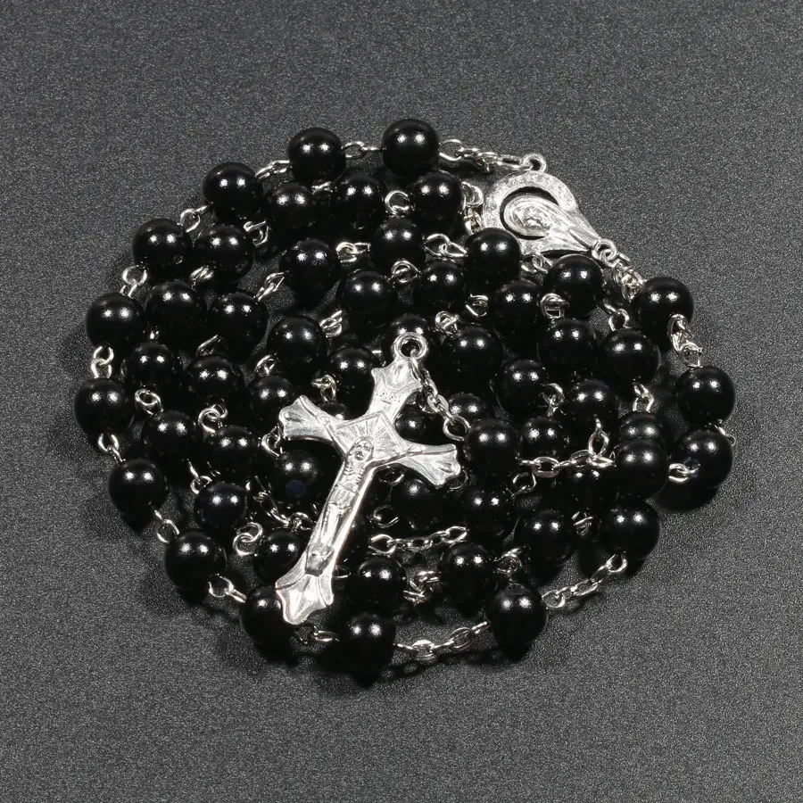 Religion Faux Pearl Rosary Necklace For Women Virgin Mary Jesus Cross Pendant Long Beads Chain Men Christian Fashion Jewelry