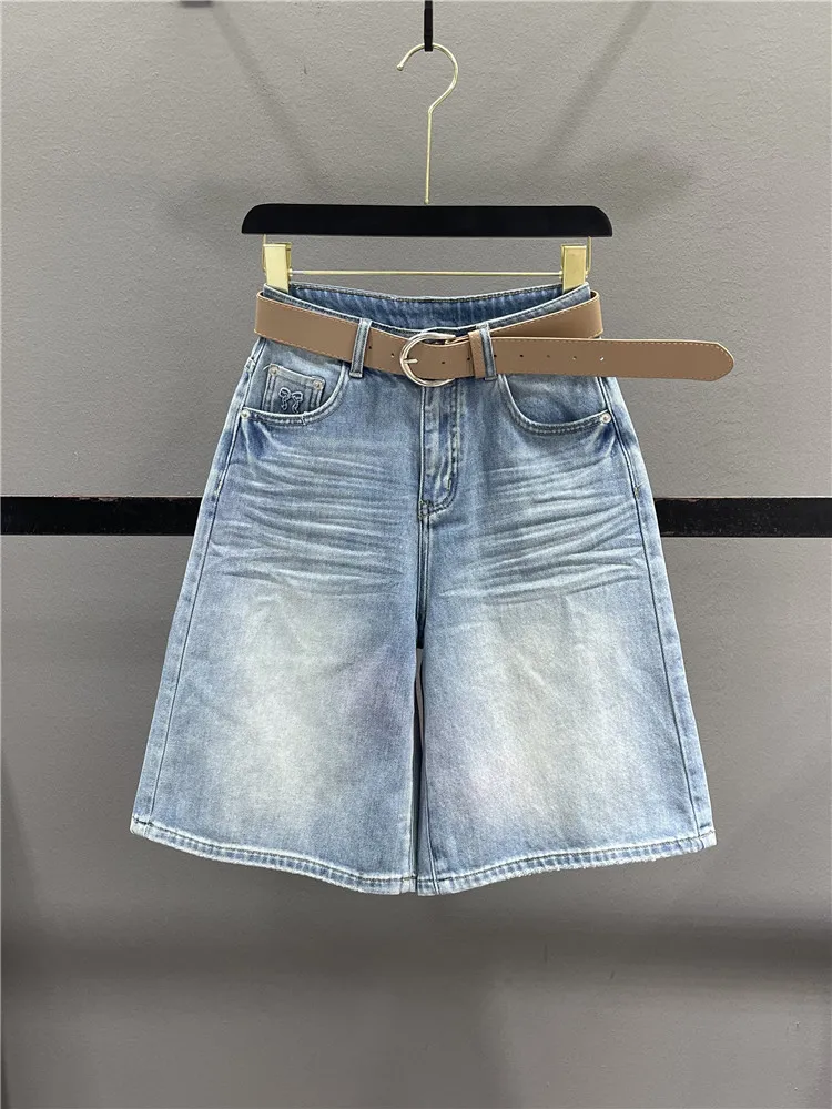 

High Waist Loose Fit Straight Leg Jeans Women's Five-Point Pants Summer New Style Casual Wide Leg Trousers European Fashion