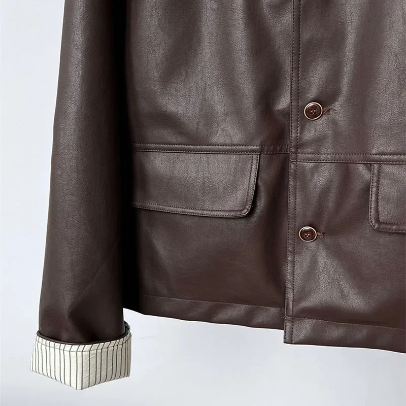 Autumn New Vintage Coffee Color Short Faux Leather Coat Women Lapel Single-Breasted Long Sleeve Biker Jackets Female Streetwear