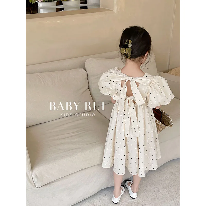 

Korean Bowknot Backless Polka Dot Dress Fashion Puff Sleeve Pure Cotton Texture A-line Dress Children 2024 Summer New Girl Gown