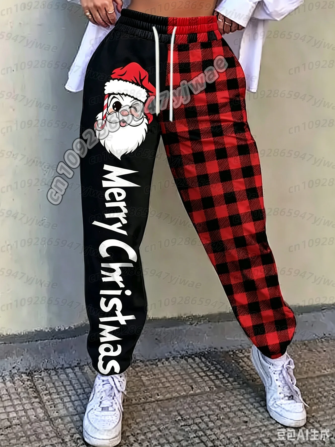 Women Christmas Jogger Pants Santa Claus Graphic Print Buffalo Plaid Patchwork Sweatpants Merry Christmas Letter Casual Loose El