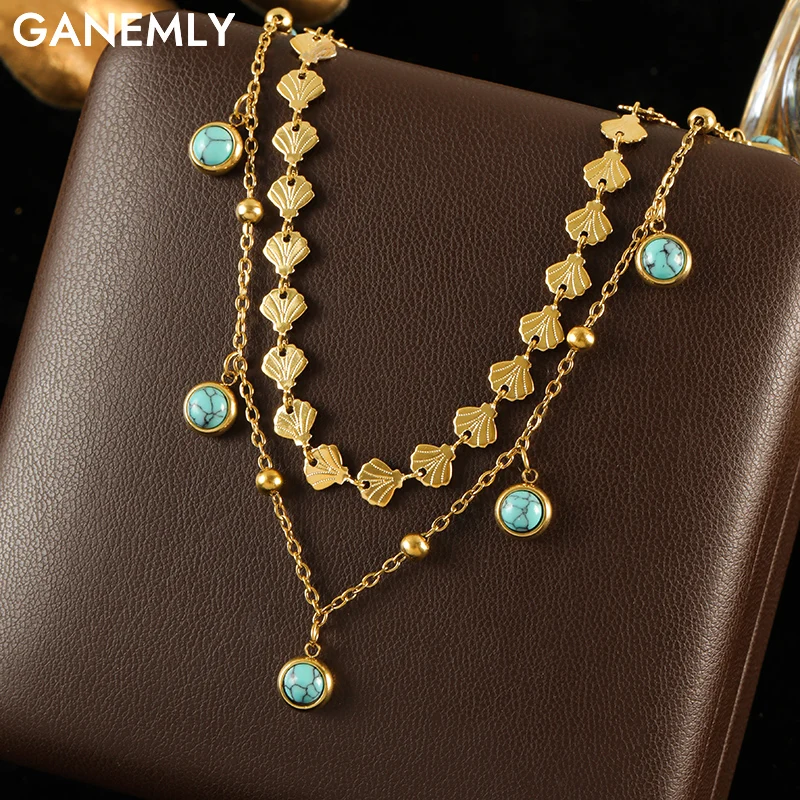 GANEMLY 316l Edelstahl Blau Künstliche Türkis Mehrschichtige Kette Halskette Gold Farbe Hals Kette Kragen Schmuck für Frauen