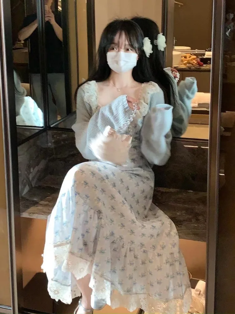 Gentle Lace Square COLLAR ดอกไม้ชุดยาวผู้หญิงฤดูร้อนแขนกุดเอวสูง SLIM FIT A-Line Ruffle PARTY Dresses ใหม่