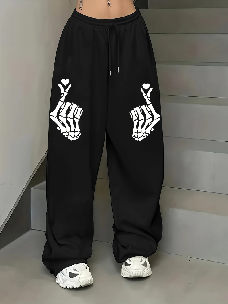 

Casual Skeleton Hand with Heart Print Sweatpants Polyester Knit Fabric with Slight Stretch Drawstring Waist Straight Leg Hip-Hop