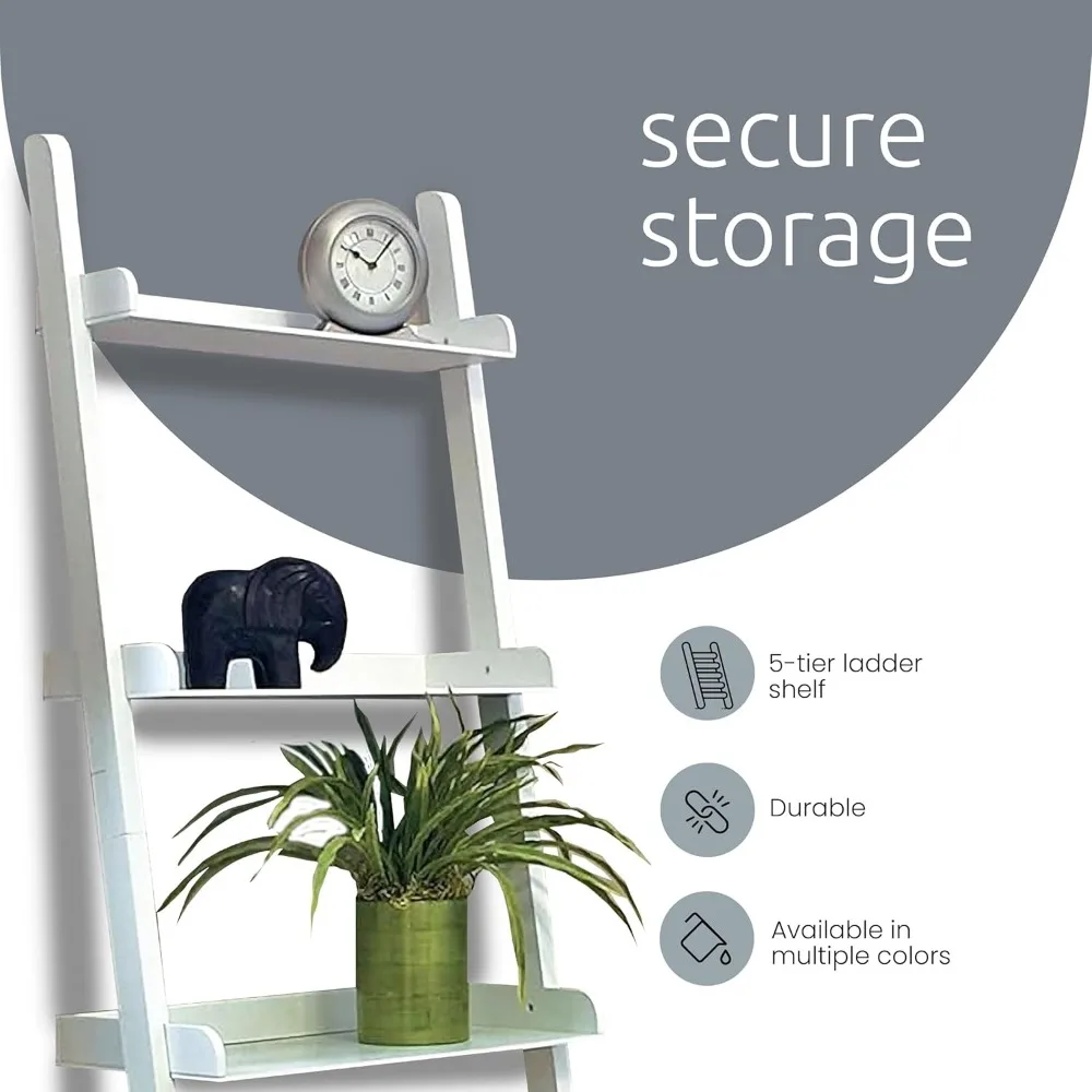 5-Tier Leaning Ladder Shelf, 67" Tall Storage Rack for Home Office, White - Easy Assembly