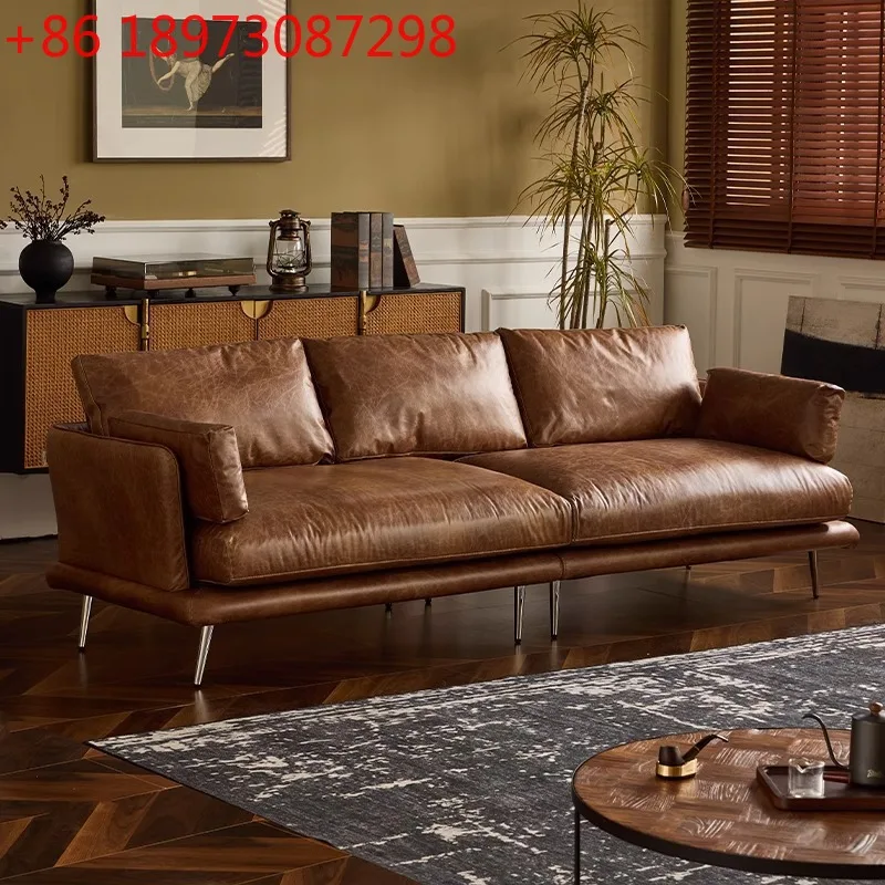

Italian light luxury leather sofa, small apartment living room, in-line top layer of cowhide leather art
