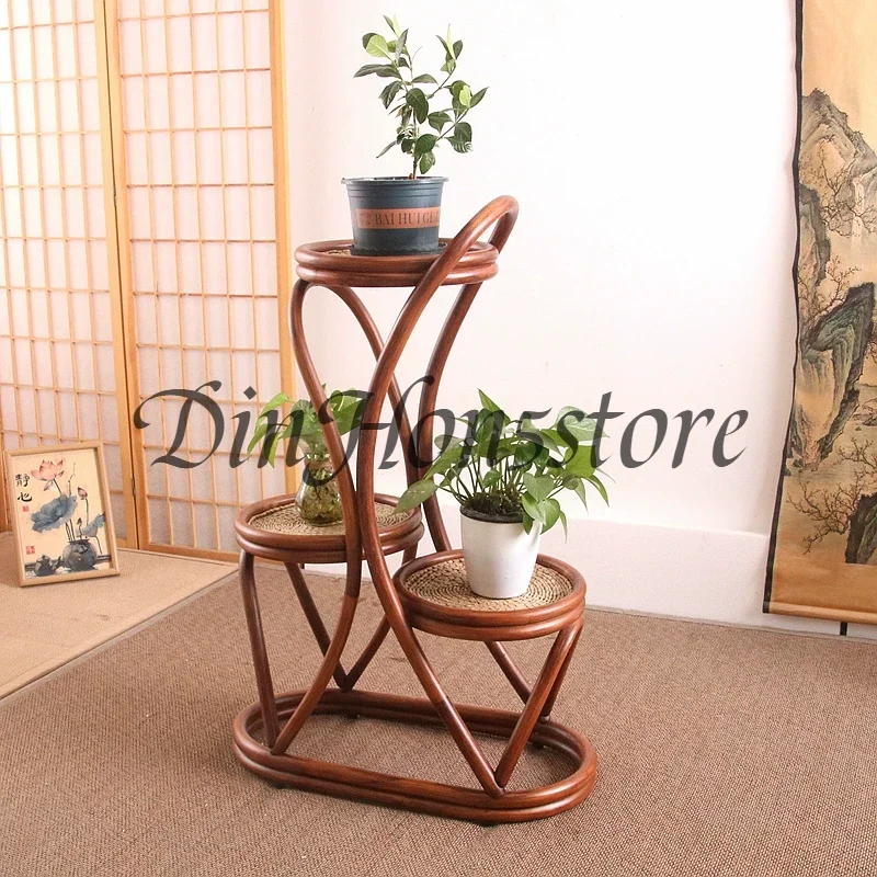 Rattan Floor Plant Stand Multi-Tier Indoor/Outdoor Shelf for Balcony & Living Room Boho Woven Flower Holder with Storage Space