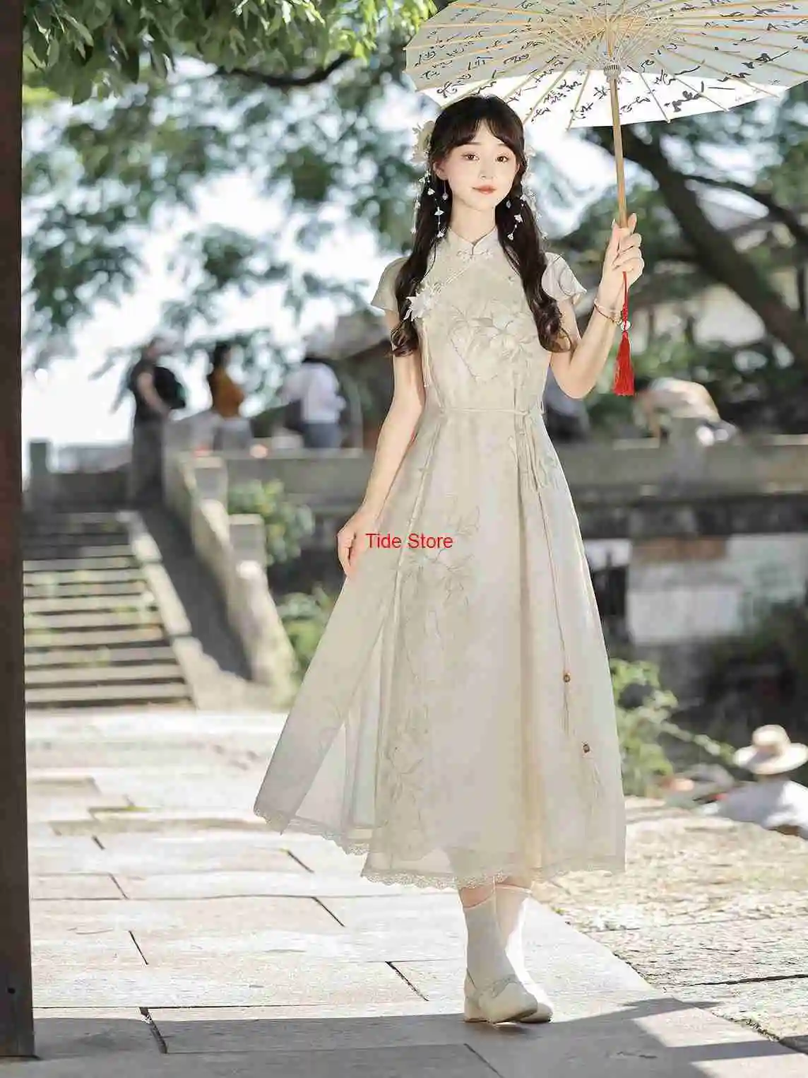 Cheongsam mejorado con curva de flor de pera para chica joven, nuevo vestido de estilo chino, vestidos diarios de manga corta para verano