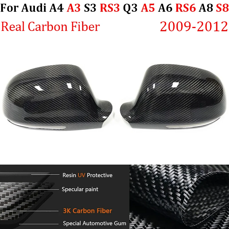 For Audi A3 S3 Q3 RS3 A4 B8 A5 A6 RS6 A8 S8 2009-2012 Real Carbon Fiber Car Side Door Rearview Mirror Cover Blind Spot Assist