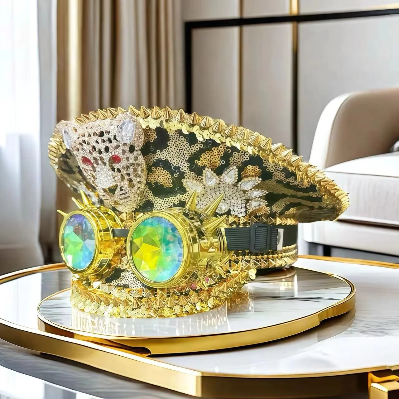 หมวกกัปตันฮองหลวน โกลเด้น ก็อกเกิลส์ ประดับคริสตัล สำหรับงานเทศกาลดนตรี ผู้หญิง หมวกคอสตูมงานคาร์นิวัล และอุปกรณ์เสริมคอสเพลย์สำหรับผู้หญิง