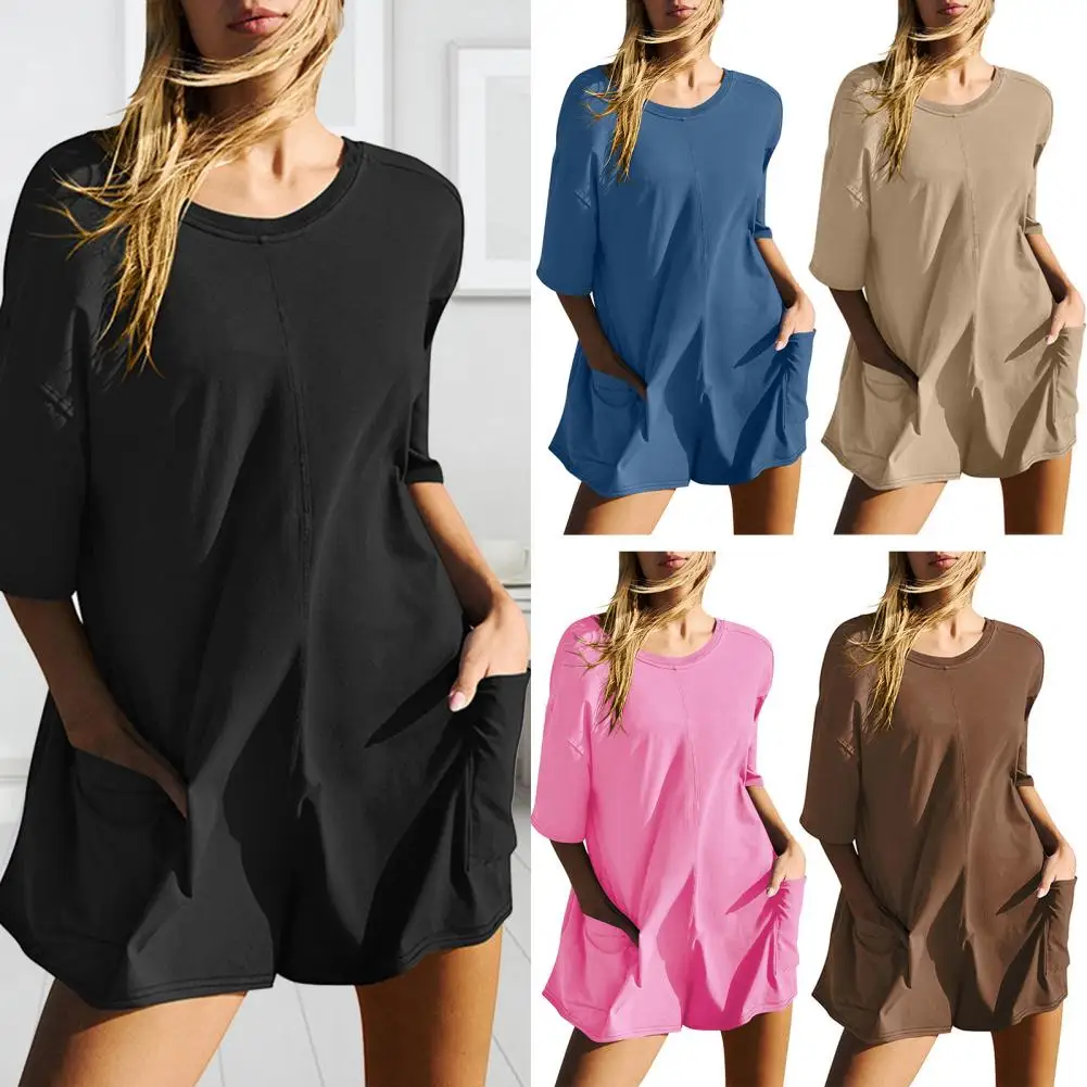 

Stretchy Women Romper Stylish Summer Romper with Crotch Big Pockets for Women Soft Round Neck Short Sleeves Solid Color V-shaped