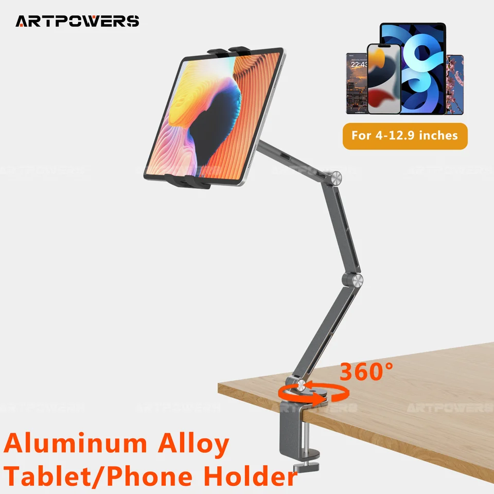 Artpowers 태블릿 홀더 패드 지원 휴대용 모니터 홀더 전화 스탠드 노트북 조정 가능한 회전 태블릿 ​​클립 홀더 마운트