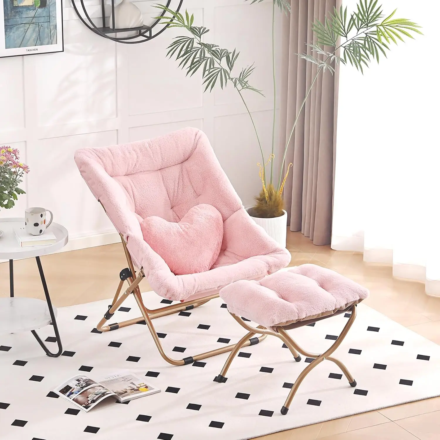 

Comfy Saucer Chair with Ottoman, Oversized Folding Faux Fur Soft Furry Lounge Lazy with Metal Frame Moon