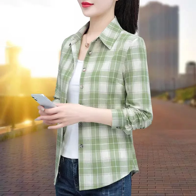New Women Cotton Shirt Spring Autumn Fashion Turn-down Collar Single Breasted Slim Plaid Shirt Casual Simplicity Female Shirt