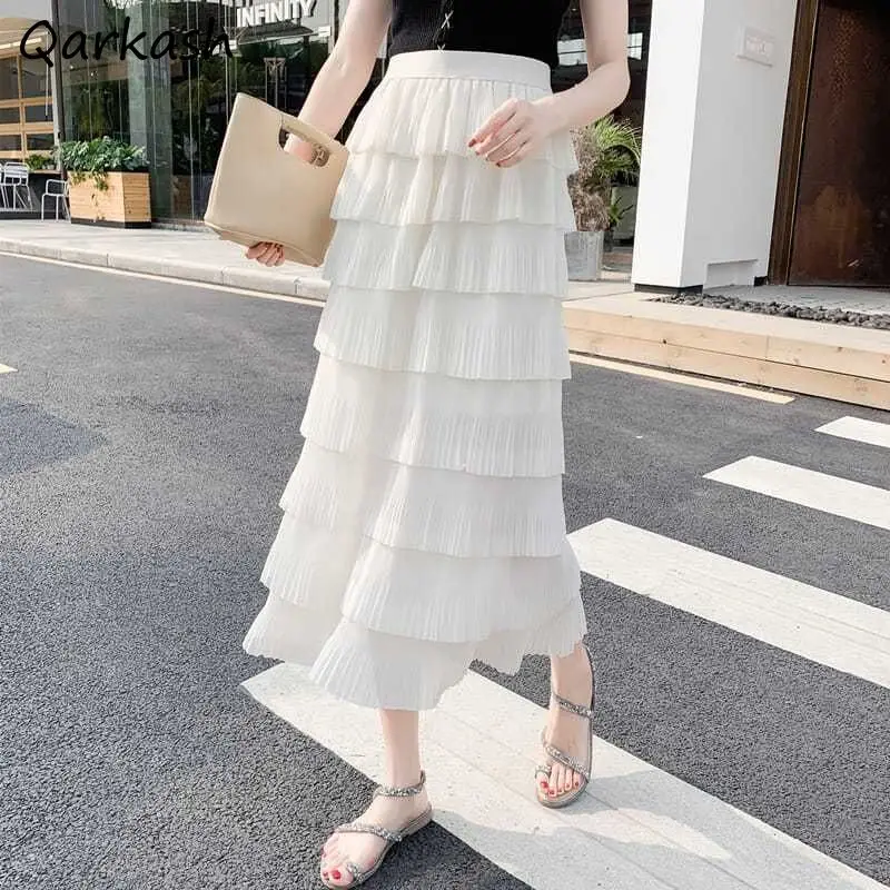 Midi Skirts for Women Straight Tierred Vintage Temperament Baggy Aesthetic Vacation Streetwear Lady Faldas Casual Basics Dating