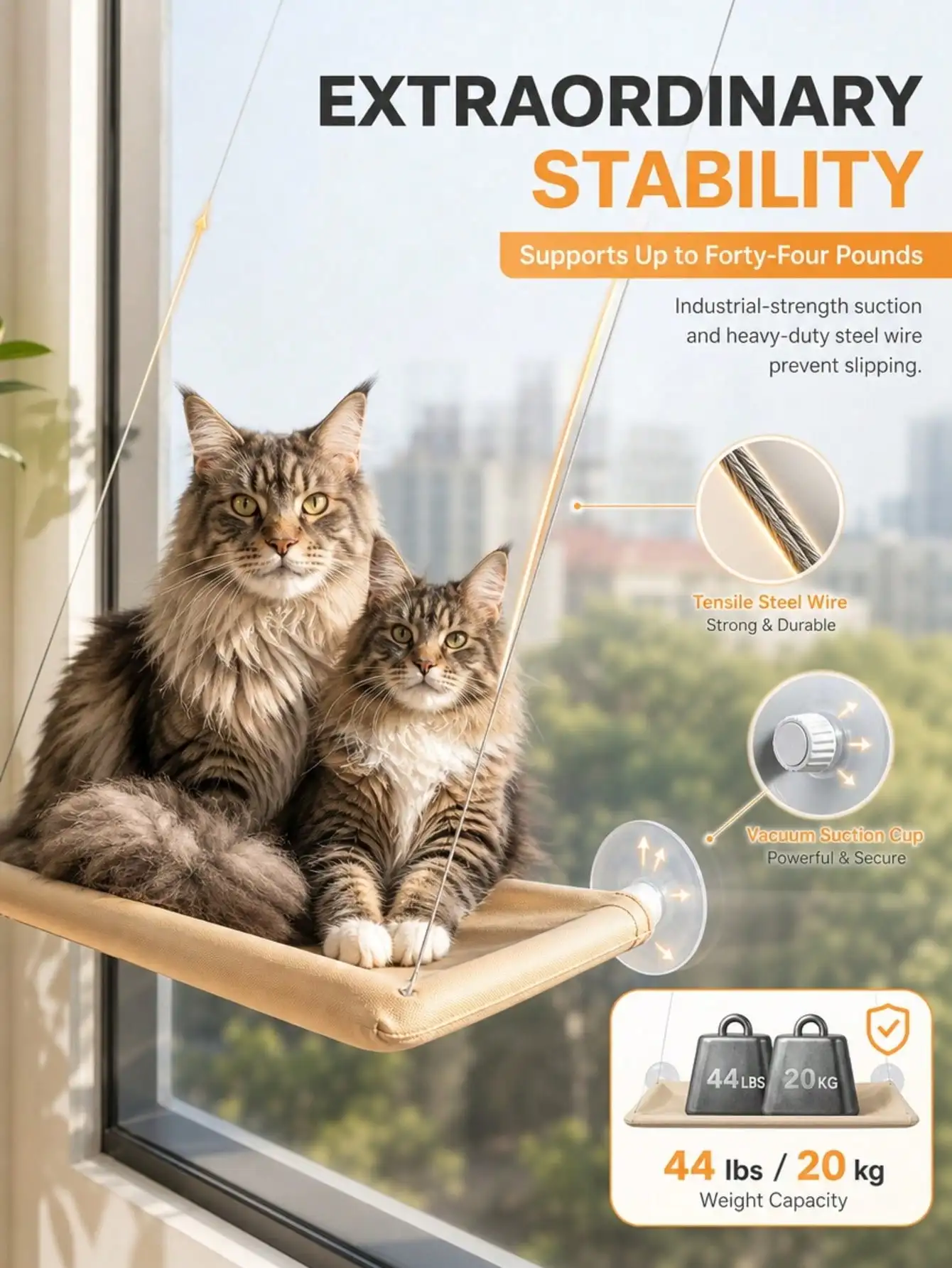 Cat Window Perch, Heavy Duty Cat Hammock Window Seat With Strong Suction Cups, Holds Up To 44 Lbs, Secure Space-Saving Elevated Cat Bed For Indoor Cats Sunbathing