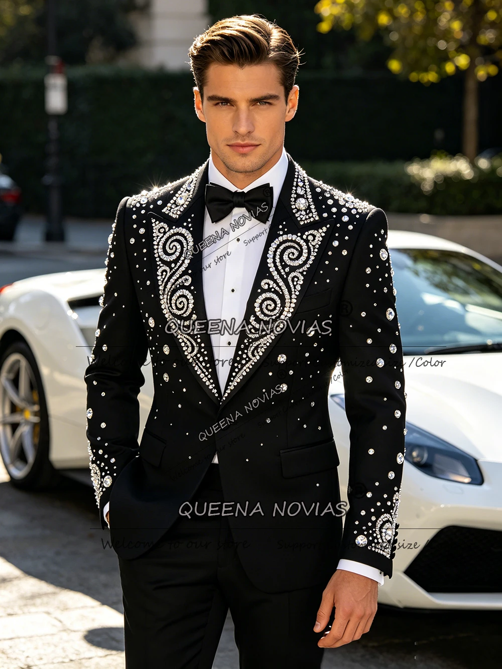 

Metallic Jewelry Stones Ornament Suits Men 2 Piece Sets Beaded Peaked Label Groom Prom Blazer Customized Man Business Tuxedos