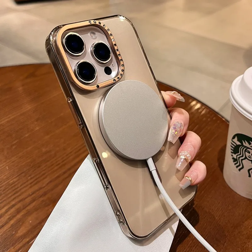 Чехол для телефона Magsafe с магнитным защитным кронштейном для iPhone 14, 15, 16 Pro Max Magsafe, прозрачный акриловый жесткий чехол с бриллиантами