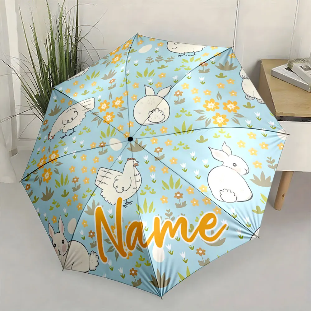Custom Name Umbrella Charming Animal Umbrella with Flower Decor Print 8 Iron Ribs Folding Umbrella Auto-Open Fashion Sunshade