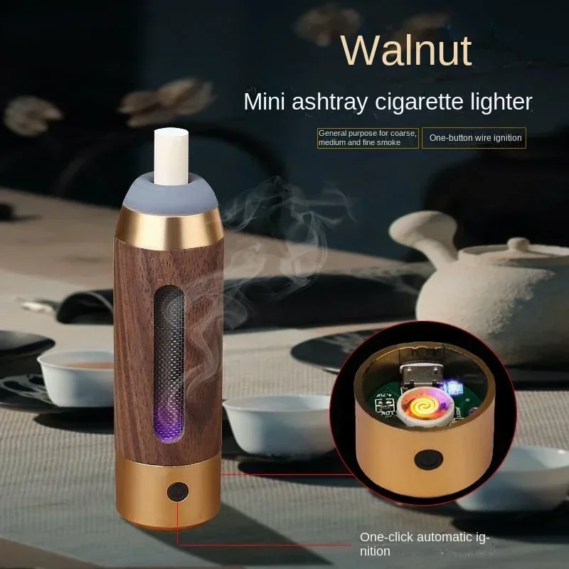 Smokeless Ashtray Lazy Cigarette Holder Not Drop Ash Artifact Ashtray Walnut Car Ashtray with Rechargeable Lighter Tungsten Wire