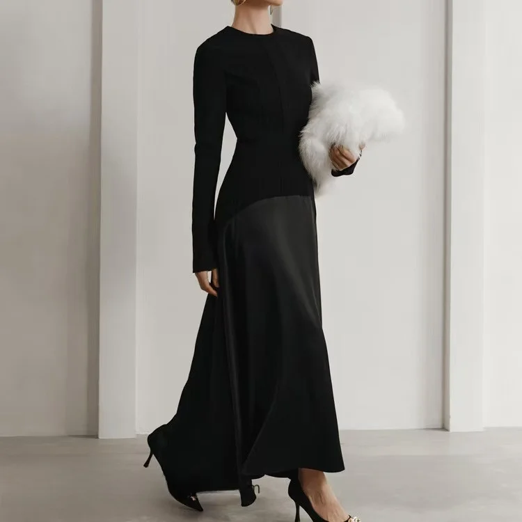 Faionable Long Sve Splicing Dr Ele Платье трапециевидной формы с высокой талией для женщин Ele Evening Dr Sli Long Dr