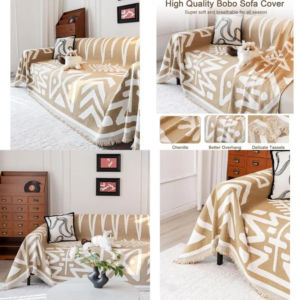 

Pet-Friendly Chenille Sofa Cover for 3-Cushion Couch, Bohemian Style Slipcover with Tassels, Washable Furniture Protector