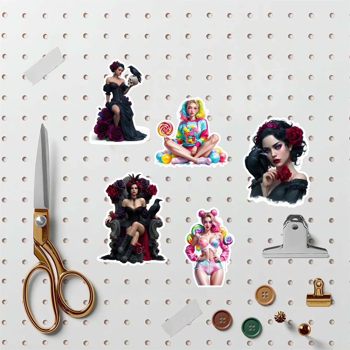 20pcs Dark Fantasy Gothic Girl Crow Sticker Package Material Ins Wind Hand Book Mobile Phone Girl Heart Decoration Small Pattern