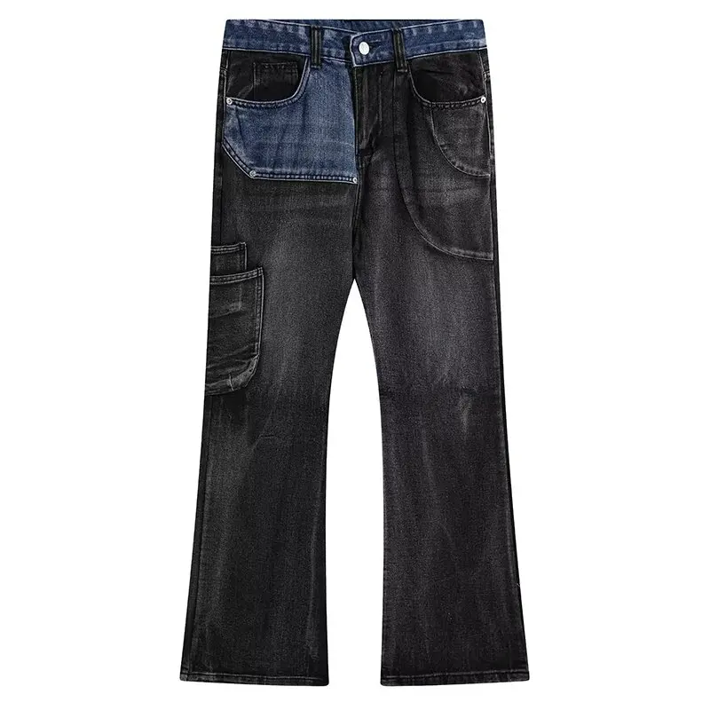 Celana Jeans Patchwork Hitam Biru Model Baru Berkualitas Tinggi, Model Micro Flared, Nyaman, Bahan Denim Stretch untuk Pria dan Wanita
